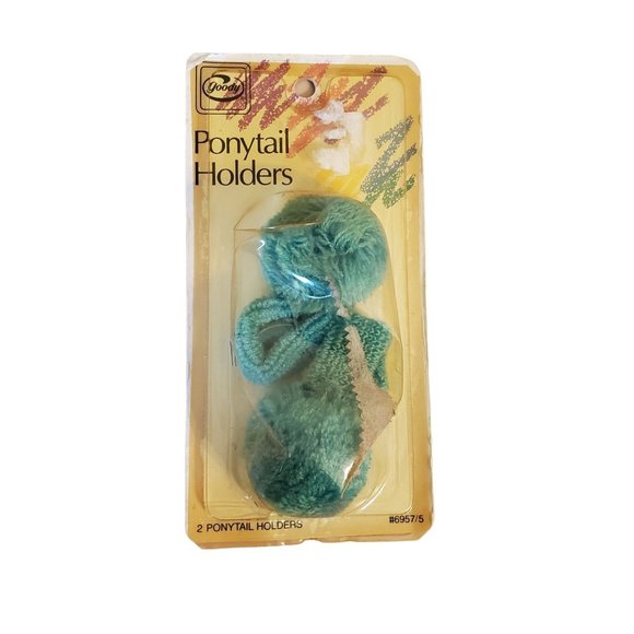 2 Goody Stretch Ponytail Holders Vintage Pompon Pom Pom 1988 Green Hair Acc - Picture 1 of 3